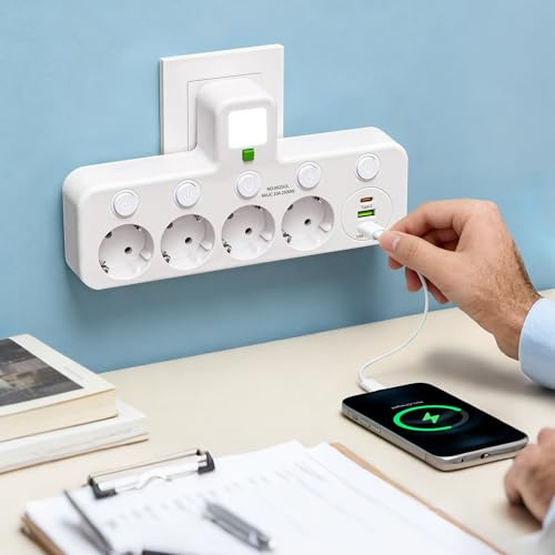 Multiprise avec Interrupteur Individuel, Multiprise Murale 4 Prises avec USB et Veilleuse, 4 Prises Secteur + 1 Type-C + 2 USB Convient pour la Maison, Bureau, Compatible avec Phone, Portable