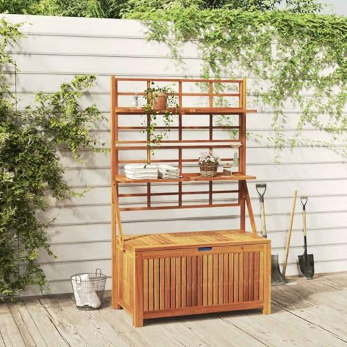 LoogCape Trädgårdskista med spaljé, 99 x 50 x 160 cm, av massivt trä, akacia, väderbeständig och vattentät för terrass, balkong, trädgård med hyllor, förvaringsutrymme, sittfunktion och kuddlåda