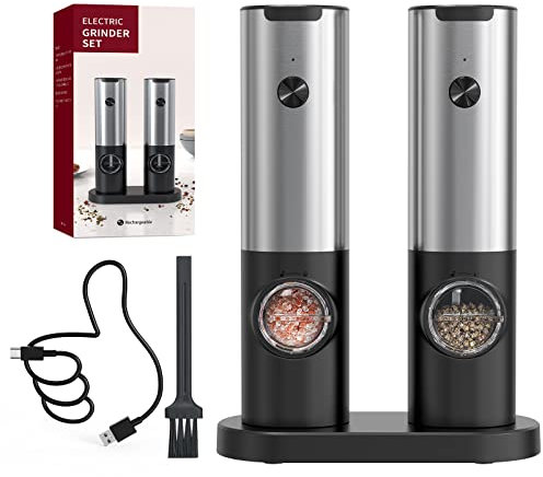CIRCLE JOY Electric Pepper Grinder Set, Stainless Steel Spice Grinder with Ceramic Grind and Adjustable Coarseness, USB Rechargeable Salt Mills, No Pepper or Salt Included
