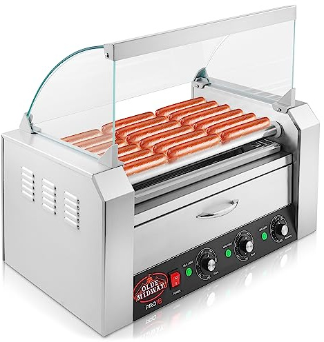 Olde Midway Electric 18 Hot Dog 7 Roller Grill Cooker Machine with Bun Warming Drawer and Cover - Commercial Grade, Stainless Steel