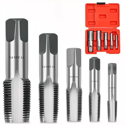 Professional 5 Piece NPT Pipe Tap Set, Carbon Steel NPT Thread Forming Taps and Drill Bits Series Set Tool, Sizes Includes 1/8, 1/4, 3/8, 1/2, 3/4 in Storage Case