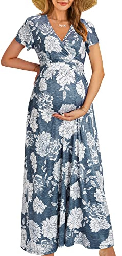 OUGES Maternity Maxi Dress Wrap Baby Shower Pregnancy Dresses for Photoshoot Maternity Outfits Summer Clothes 2026(Floral-12, X-Large)