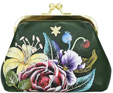 Anuschka Handbemalter Münzbeutel mit Bügelverschluss und Schlüsselringen aus Echtleder - Vintage Floral