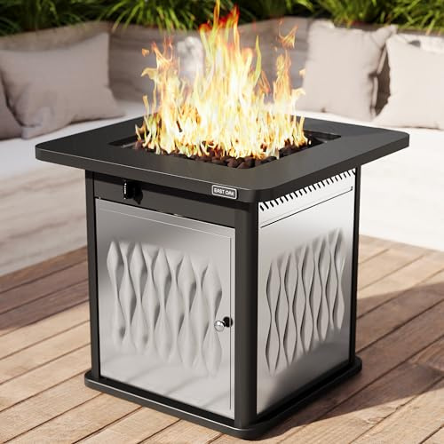 East Oak Mesa de hoguera de acero inoxidable de 28 pulgadas, hoguera de gas de acero mejorada de 50,000 BTU para exteriores, patio exterior, mesa de fuego certificada por CSA con tapa magnética, cesta