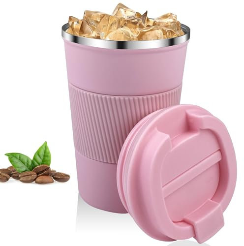 Relota Taza de café aislada, 380 ml, rosa, aislada, reutilizable, acero inoxidable 304, taza de coche con tapa, taza de café impermeable para café caliente y frío, leche y té