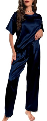 Rayson Pijama Mujer de Satén Conjunto de Pijama Manga Corta con Bolsillo y Pantalón Largo Verano Elegante Pijamas de Seda Suave Ropa de Dormir 2 Piezas S-XL(Azul Marino,XL)