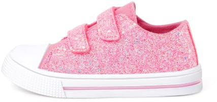 Kids Canvas Trainers, Girls Easy Fasten Shoes Size 7, Pink Glitter