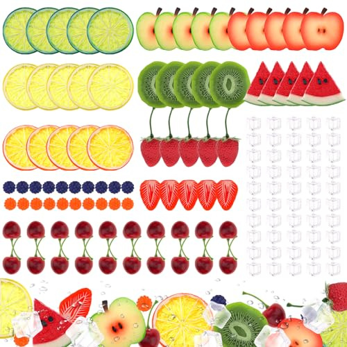 Gresorth 135 pezzi di decorazione artificiale per frutti misti artificiali, fragola, mela, limone, puleggia di ghiaia, blocco realistico, ciliegia, lampone, modello di cubetti di ghiaccio