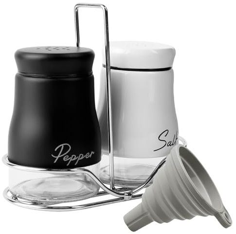 Fyfjur Juego de salero y pimentero, 2 piezas con soporte y embudo de silicona, acero inoxidable y cristal