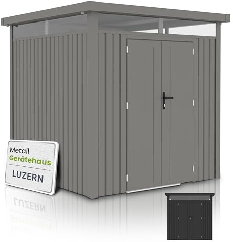 Juskys Casetta per attrezzi Luzern, 5,3 m², in metallo, con porte e finestre, resistente alle intemperie e con serratura, garage per biciclette, casetta da giardino, tortora