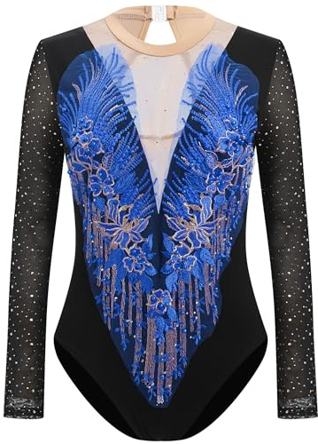 IBAKOM Rhythmic Gymnastic Leotard for Women Glitter Sheer Long Sleeve V Neck Flower Embroidery Teen Figure Gymnastic Bodysuit Cutout Mesh Back Ballerina Dance Outfits Royal Blue S