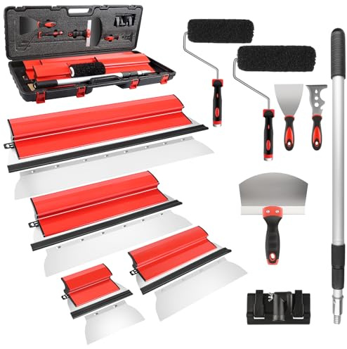 suokoun Trockenbau-Klingen-Set mit Koffer, 25 cm, 40cm, 60cm und 80cm, Edelstahl-Klingen, Verbundrollen, 70 cm - 155 cm Verlängerungsgriff, Spachtelmesser und Bogenschaber für