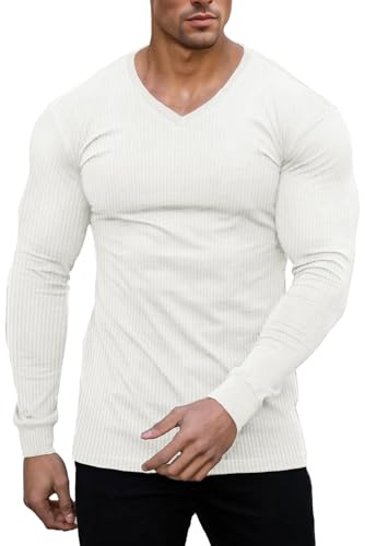 Muscle Cmdr Maglietta Termica a Maniche Lunghe con Scollo a V,vestibilità Slim da Uomo,Casual, a Coste,Leggera e Intima Bianco S