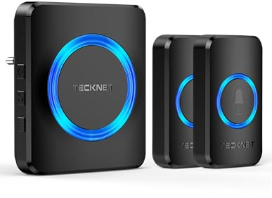 TECKNET Funkklingel, IP65 Funk klingel Kabellose Türklingel 600M Reichweite Aussen Wasserdicht, Haustür Klingel kit mit 1 Plug-In-Empfänger und 2 Sender, 60 Melodien doorbell Mit LED-Blitz