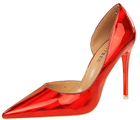 Escarpins à bout fermé pour femme - 10,5 cm - Stiletto - Découpe latérale - Pour bureau, mariage - Chaussures de danse scintillantes, rouge, 42 EU