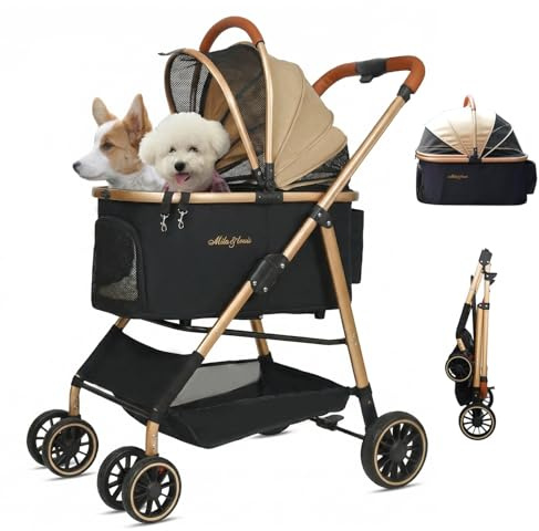 MILA&LOUIS Cat Stroller, 24 Pet Cradle, Lightweight & Stylish Dog and Pet Stroller for Medium and Small Pets, 55 Lbs Capacity with Cup Holder, Hook, Detachable Aluminum Cradle (Khaki)