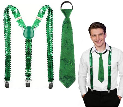 MINGBOLIN Tirantes de lentejuelas, corbatas para hombre con lentejuelas, corbata brillante, ajustable, corbata para mujer, para discoteca, carnaval, fiesta temática, año nuevo, verde, 35 x 8 cm