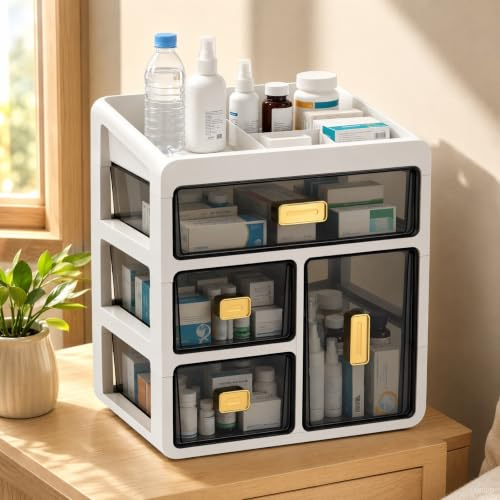VeftBltrem Organizer per armadietto medicinali a 4 ripiani, con cassetti trasparenti, armadietto farmacia domestica, grande contenitore per farmaci, cosmetici, vitamine (bianco)