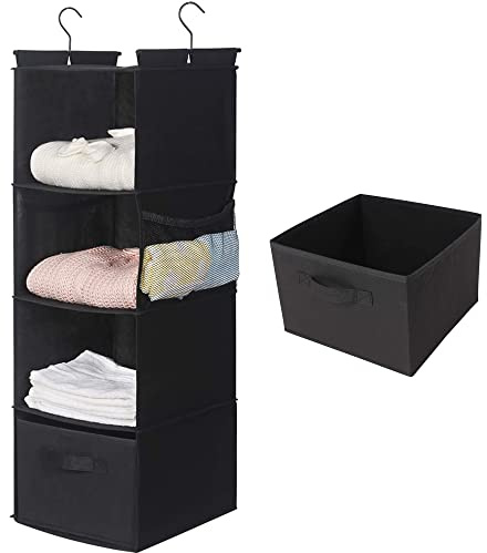 MAX Houser 4-Shelf Hanging Closet Organizer, Space Saver, Cloth Hanging Shelves with 2 Side Pockets, Foldable (Black)