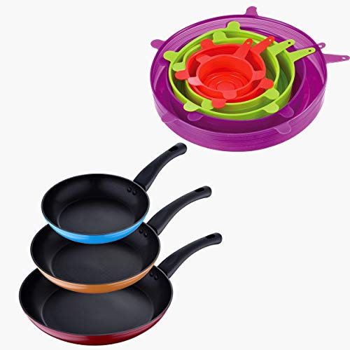 Set 3 piezas Ø20/Ø24/Ø28 sartenes de aluminio forjado, inducción + 12 tapas de silicona en color