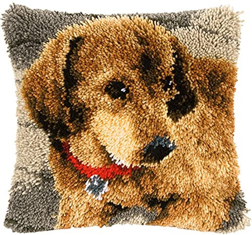 YOJOLO Knüpf Sets Knüpfkissen Zum Selber Knüpfen Knüpfteppiche DIY Hund Katze Muster Kissen Kissenbezug Kreuzstich Latch Hook Kit Handwerk Erwachsene Kinder Kunsthandwerk,Dog,43 * 43cm/16.9 * 16.9 in