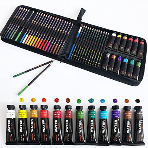 YJYHART Buntstifte Zeichnen Bleistift Set,12 Farben Aquarellfarben in Tuben mit 24 Aquarell-Buntstiften,12 Skizzier-und Zeichenstifte,Reißverschlusstasche,Aquarell-Set für Künstler und Anfänger