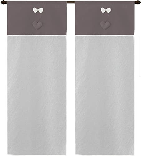 Par de cortinas de panel con trabilla única Art Newark tejido efecto lino de poliéster con aplicación lazo con corazón y cuerda ideal para todo tipo de ventanas, tamaño 60 x 150 cm dis heart gris