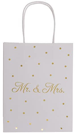 Geschenktüten Geschenktasche aus Kraftpapier Mr & Mrs zur Hochzeit mit Henkel Weiß mit goldenen Punkten 18 x 8 x 23 cm