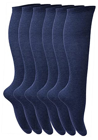 Youngly 6 paia di calzini alti al ginocchio in cotone e lycra, tinta unita, extra lunghi e lisci per donne e ragazze, taglia UK 4-6, Marina Militare, 4-6