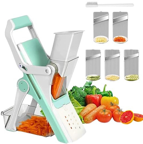 Mandolina Affettatrice di Verdure, Tagliaverdure da Cucina con Protezione per le Mani, Tagliafrutta con 5 Lame e Grattugia, Tritacipolle con Spazzola per la Pulizia Inclusa.