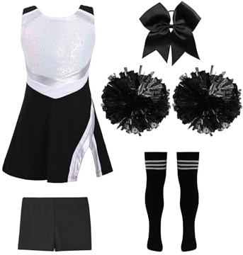 YEAHDOR Kids Girls Cheerleading Costume Cheer Leader Uniform Outfit for Halloween Carnival Festival Sports Games 5pcs Black&White 8 Years