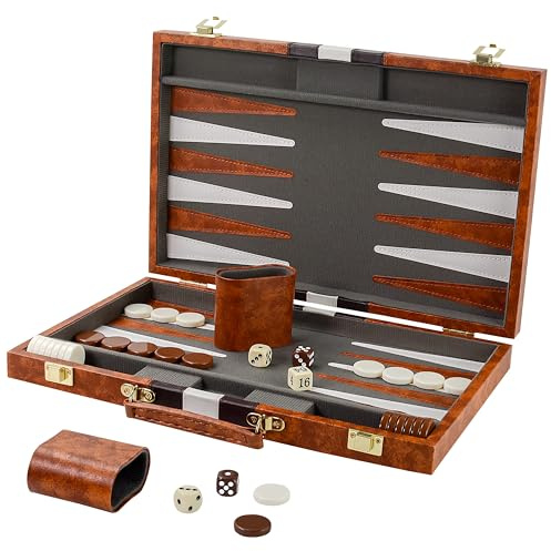 Vovotuzzi Backgammon Sets for Adults, 15 Inch Backgammon Leather Case, Travel Backgammon Set, Classic Backgammon Board Games Brown