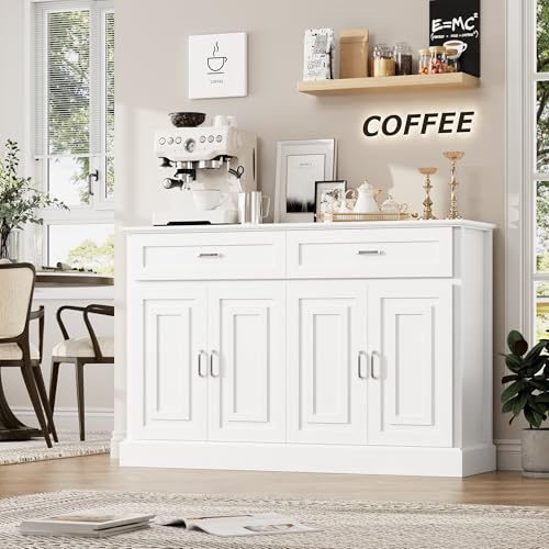 FACBOTALL Sideboard Buffet Cabinet with Storage, 55.1 Large Kitchen Storage Cabinet with 2 Drawers and 4 Doors, Farmhouse Coffee Bar for Kitchen Dining Room, White
