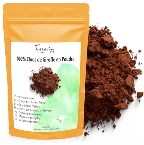 50 g de polvo de clavo de olor - Clavos secos, clavos de alta calidad - Clavos molidos - Aroma y sabor intensos - Ideal para cocinar - 100% natural, sin aditivos | Tazarin Ltd