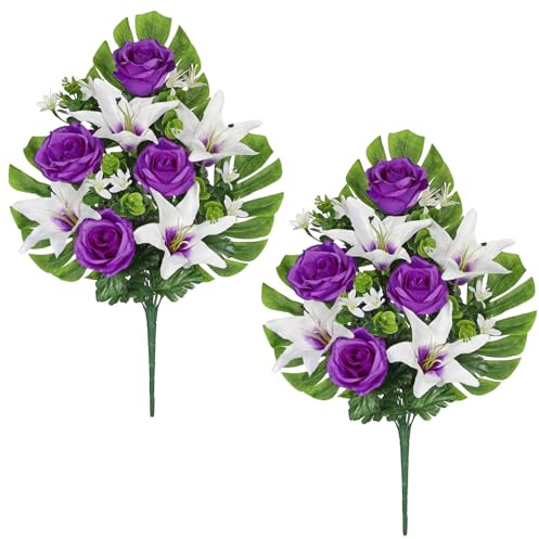 Oairse set om 2 konstgjorda gravblommor gravdekorationer med konstgjorda krysantemum och liljor, uppläggningar, konstgjord blomma, gravdekoration för gravdekoration, kyrkogård, kyrkogård, dekoration,