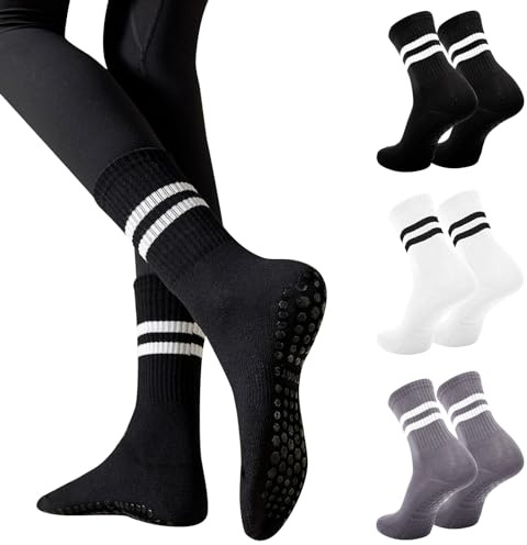 Risipu 3 Paar Pilates Socken mit Griffen für Frauen, niedliche rutschfeste Crew Yoga Socken für Krankenhaus,Tanzbarre (DE/NL/SE/PL, Alphanumerisch, Einheitsgröße, Regular, Regular, Schwarz+Weiß+Grau)