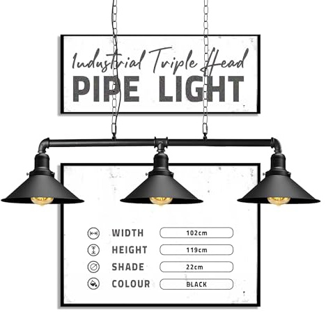 DC VOLTAGE Industrial Suspended Ceiling Pendant 3 Lamp Black Metal Water Pipe Vintage 22cm Shade with Hanging Chain Light Fitting for Living Room Home Decor, Improvement Essential