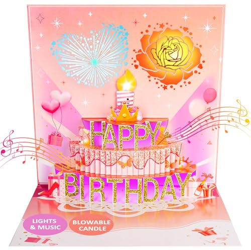 Birthday Cards, Pop up MUSIC&LIGHTS Birthday Greeting Card with Blowable Candle, Birthday Gifts for Women Men Husband Wife Sister Friends Kids-Rose Gold