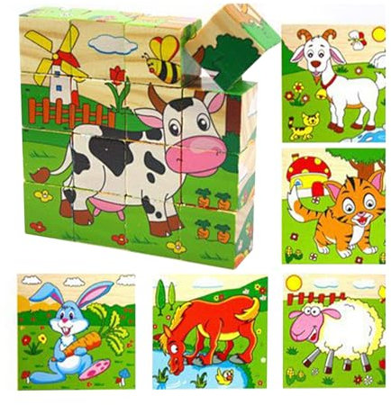 Würfelpuzzle, Wooden Cube Puzzle, Kinder Holzpuzzle ab 3 4 Jahre, Lernspielzeug Holzspielzeug 6 in 1 Bauernhof Tier-Motive mit 16 Würfel Holzspielzeug für Jungen und Mädchen, 12 x 12 x 3 cm