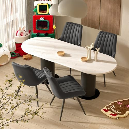 Hawthyhome Esszimmerstühle 4er Set | Polsterstühle mit 5 cm Sitzkissen • künstlicher Stoff Dining Chair • Küchenstuhl mit Rückenlehne • Moderne Sessel • Metallbeine • Schwarz FU01043BL-4