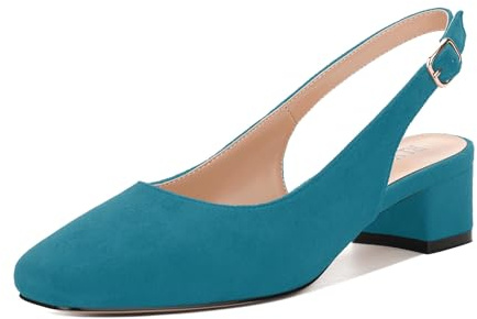 RLYGHWAO Women's Slingback Pumps, Square Closed Toe Low Heels, Fashion Comfort Buckle Solid Faux Suede Dressy Wedding Partying Shoes, Teal Suede, 7.5 UK