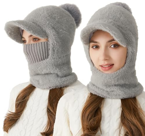 TAGVO Stickade vintermössor för kvinnor och flickor, varm halsduk med huva i ett stycke, tjock fleecefodrad balaclava, vindtät mask, nackskydd och öron för utomhussport
