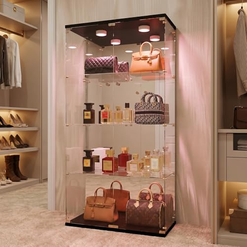 FOERPL Vetrina Soggiorno, vetrina in Vetro con Led 164x80x36,5 cm Mobile Vetrinacon Led VetrinaEspositiva per Collezionismo con 2 Porte 4 Strati Specchio Armadio Vetro con Serratura per Bar ufficio