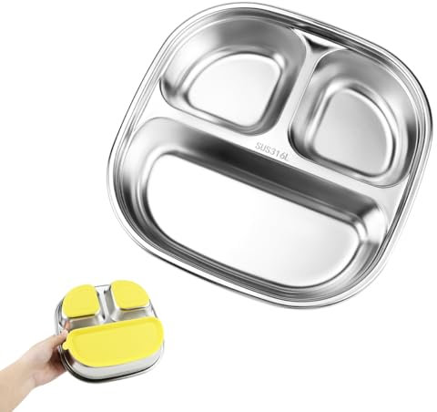Vexran Edelstahl Teller Baby, Kinderteller mit saugnapf Edelstahl Saugnapf Teller Rutschfestes Babyteller mit Drei Fächern und Transparentem Deckel für Gesunde Babymahlzeiten