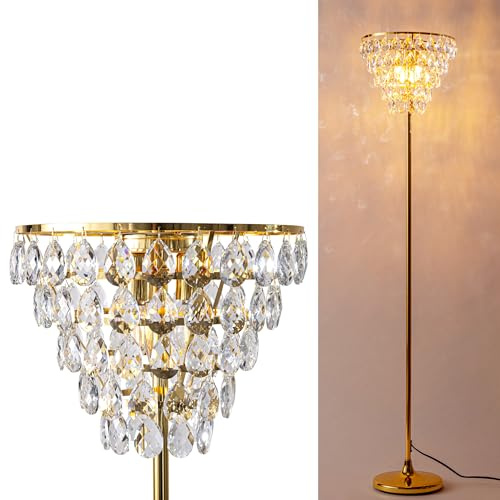 Alpinaluz Golvlampa i glas – elegant design med guldbas, vattenfallsskärm och 3 E14-lampor – modern stil för vardagsrum, sovrum och kontor