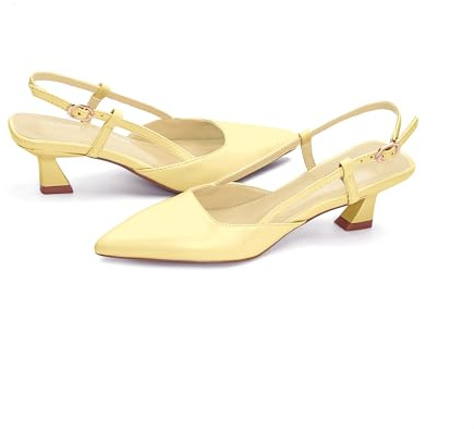 Lhamo Latso Pump Shoes Women Closed Toe Kitten Heels Pointed Toe Dressy Slingback Low Yellow Heels Sandals 2 Inch Wedding Evening Party Dress Shoes Size 9