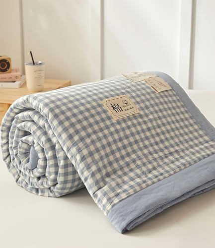 DOTBUY Colcha Bouti de Verano para Cama 150 (200x230 cm), Verano Edredón Acolchado Fino de Algodón de Cuadros Azul, Cubrecama Ligero Transpirable, Sin Fundas