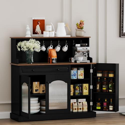 HOLTICO Aparador de Cocina de 120x120x40cm,con Vitrina de Cristal,con Tres estantes,Mueble Buffet y Barra de Café,con 9 Ganchos y Cajón,para Comedor y Salón,Negro