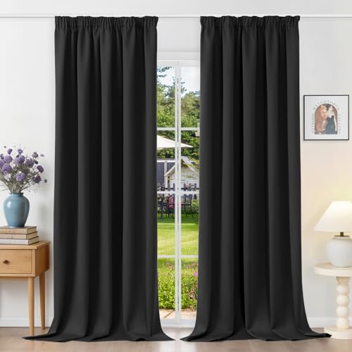 Runyéla Gardinen mit Kräuselband Vorhänge Blickdicht Schwarz Verdunkelungsvorhänge 2er Set 245 x 140 (HxB) für Schienensystem, Thermovorhänge Kälteschutz Schiebegardinen für Wohnzimmer Curtain