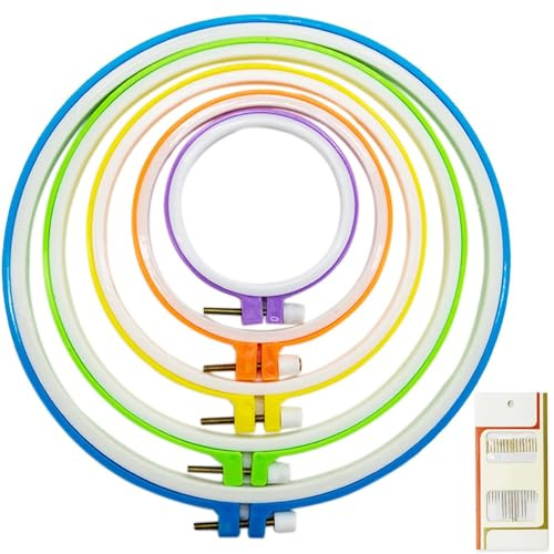 5 misure, telaio da ricamo in plastica, set di telai da ricamo rotondi, in plastica, cerchio, punto croce, anelli per fai da te, cucito, con 16 aghi da cucito con orecchio dorato